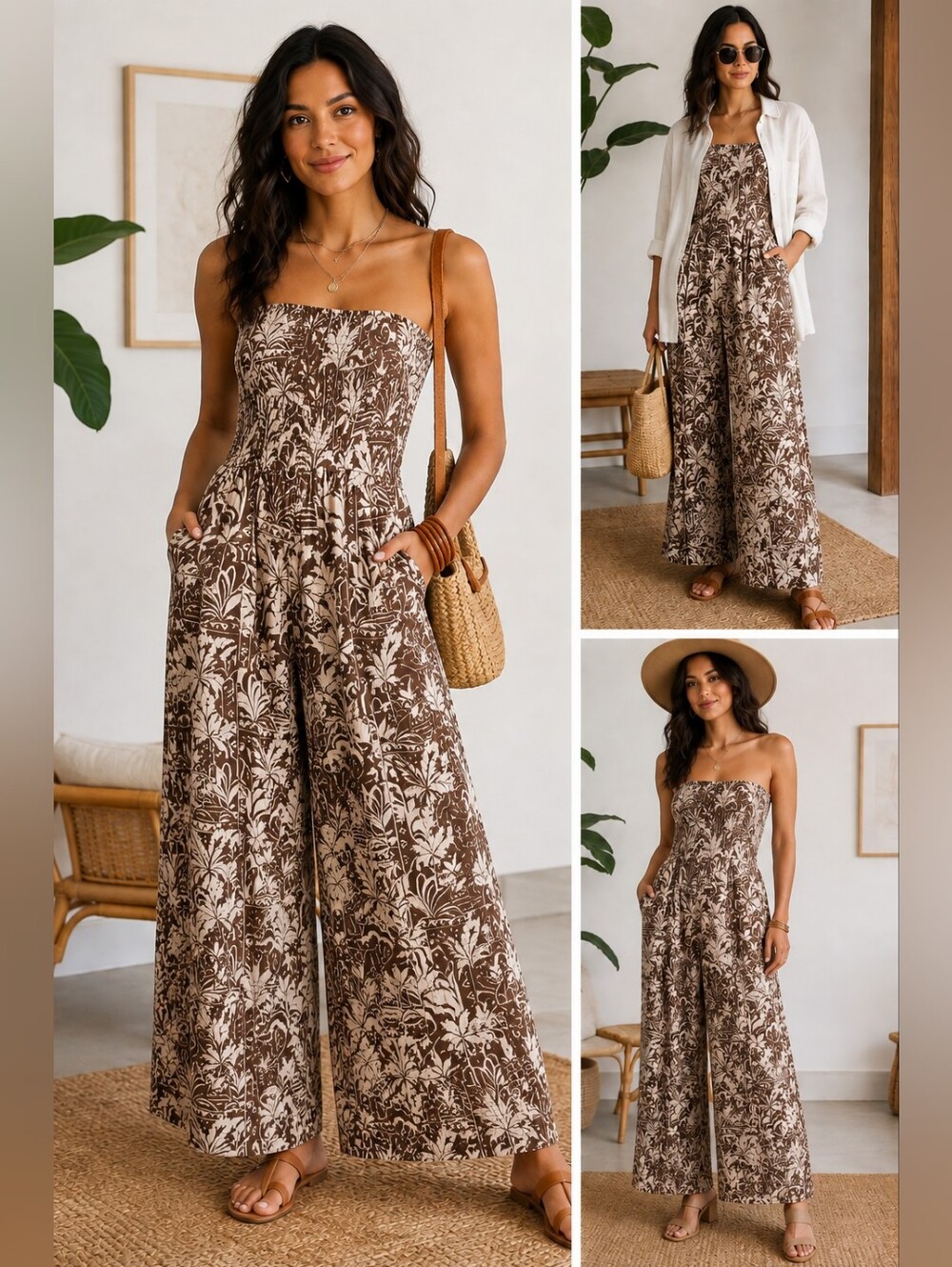 Patrons of Peace Brown/Cream Strapless Floral Wideleg Jumpsuit SzM